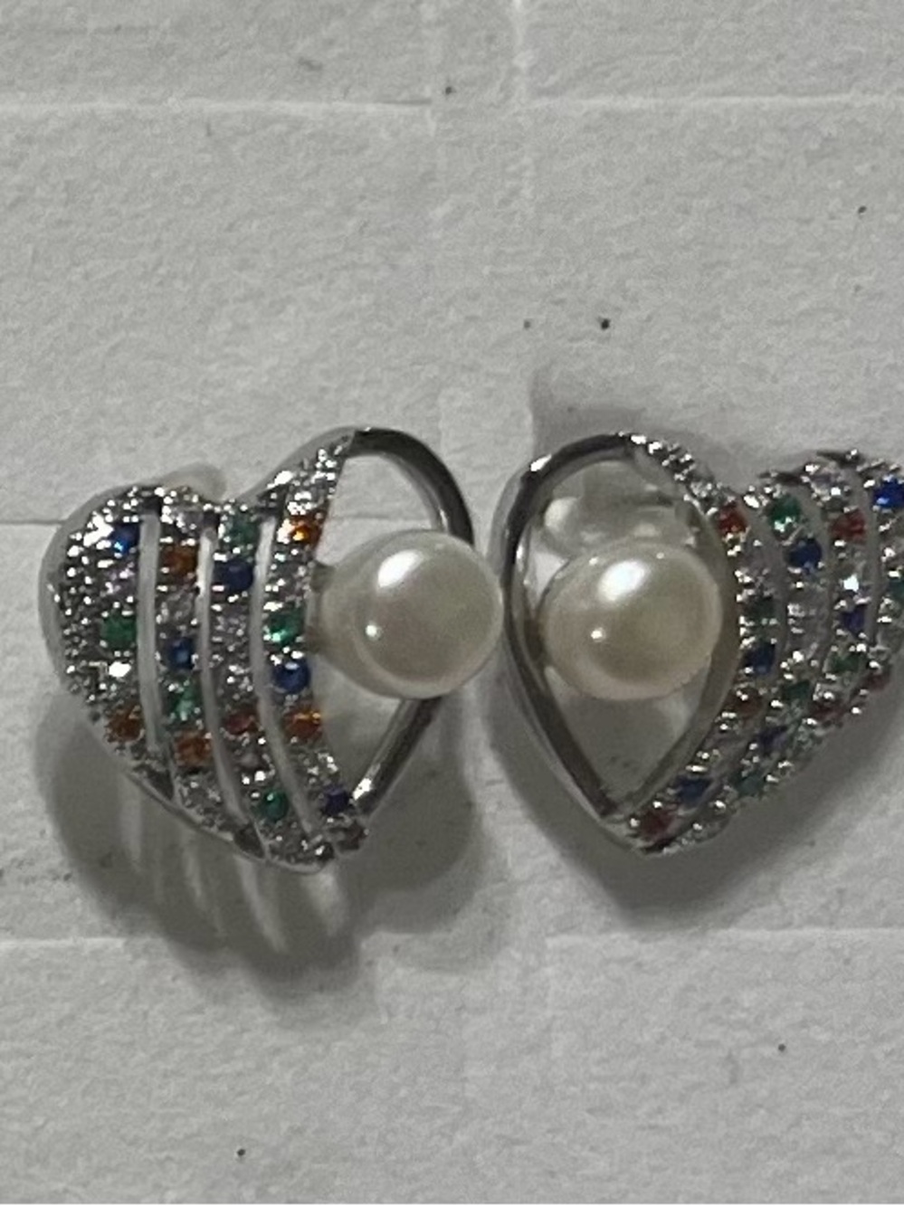 Sterling Silver Heart Pearl Earrings with Multicolor Stones